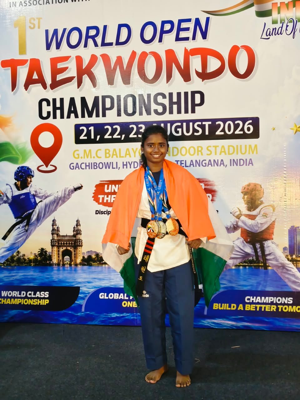 International Glory Pachipulusu Srinika Wins Gold at World Open Taekwondo 2026 4