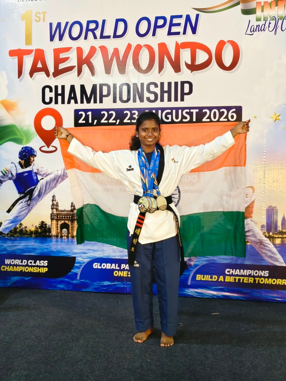 International Glory Pachipulusu Srinika Wins Gold at World Open Taekwondo 2026 5