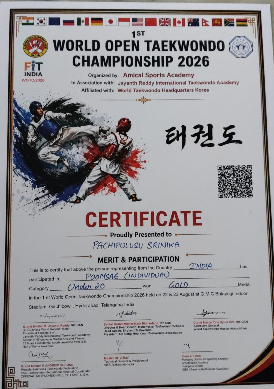 International Glory Pachipulusu Srinika Wins Gold at World Open Taekwondo 2026 8